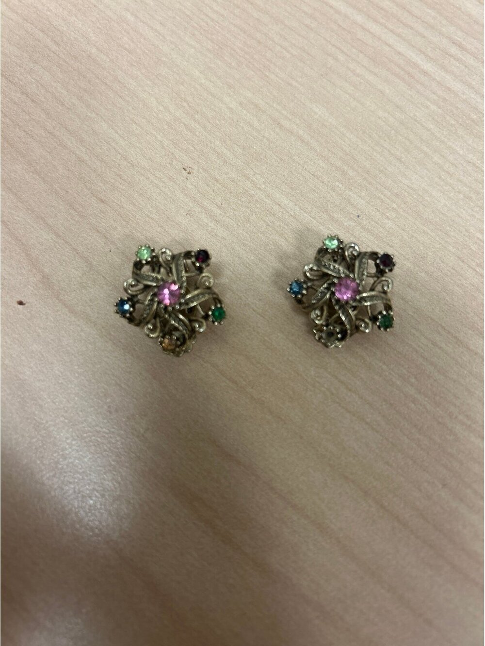 Vintage Floral Filigree Clip Earrings with Multiple Rhinestones